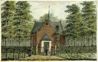 Gezicht op de Nederlands Hervormde kerk te Lage Vuursche, omsloten door een haag en bomen, uit het westen in 1826. Bron: Het Utrechts Archief, catalogusnummer: 200911.