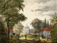 Gezicht op de voorgevel en de twee aansluitende zijgevels van het kasteel Drakestein te Lage Vuursche (gemeente Baarn) vanaf het voorplein met de beide bouwhuizen in 1825-1830. Prent (litho) van 'Jobard' naar een tekening van 'Jonxis' (vermoedelijk J.L. Jonxis), afkomstig uit: J.J. de Cloet, Chateaux et Monuments des Pays-Bas, uitgegeven door J.A.M. Jobard. Het boek is gedrukt in de periode 1825-1830. Bron: Het Utrechts Archief, catalogusnummer: 201188.
