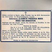 Rouwadvertentie voor jkvr. Elisabeth Frederica Maria Bosch van Drakestein (1853-1931) overleden op 78 jarige leeftijd. Bron: Delpher.nl.