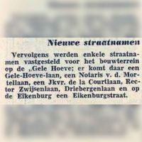 Krantenbericht uit de gemeente Rosmalen waarbij de nieuwe straatnaam 'Notaris van de Mortellaan' werd vastgesteld in 1958. Bron: Delpher.nl.