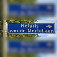 Straatnaambord 'Notaris van de Mortellaan' in Rosmalen in juli 2022 met verwijzingspijl. Foto: Sander van Scherpenzeel.